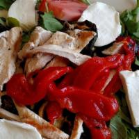 Arugula Salad · Grilled eggplant, zucchini, portabella mushrooms, roasted peppers atop of baby arugula with ...