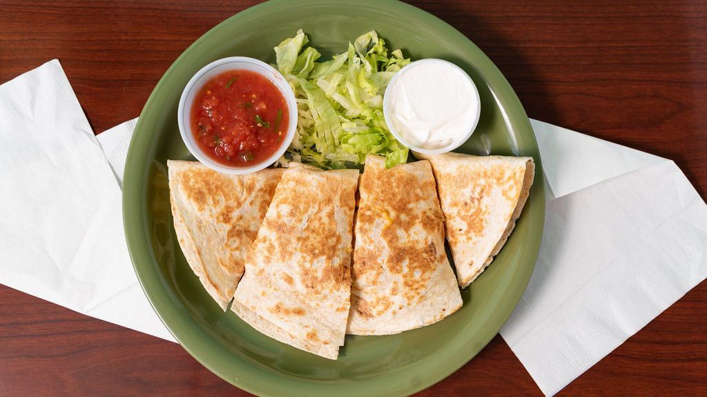 Chicken Quesadilla · 10 inch flour tortilla, melted cheese. Served with  lettuce, salsa and sour cream on the side.