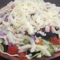 Garden Salad · A bed of Crisp Fresh Romaine lettuce topped with diced tomatoes &  cucumbers, black olives a...