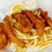 Fish & Chips · Two pieces of panko crusted fillets of whiting served on a bed of hand cut fries, pickles an...