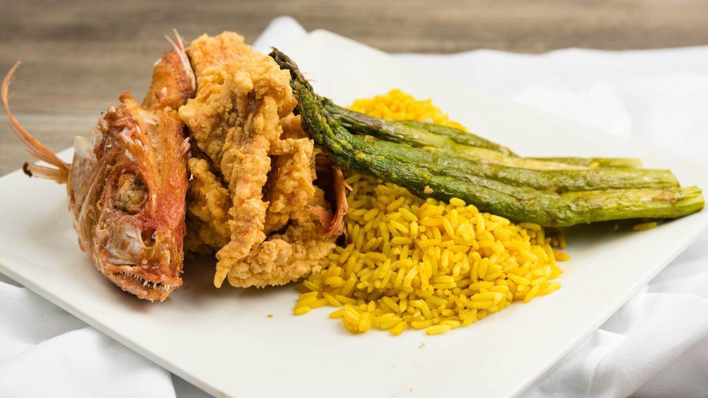Fried Snapper · Deep Fried Snapper Served Yellow Rice, Roasted Veggies