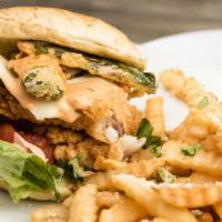 Fish Sandwich · Served with Garlic Parmesan Fries topped with pepper jack cheese and jalapeño