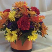 Cube Vase · Bright autumn flowers of carnations, daisies and autumn leaves.