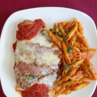 Chicken Parmigiana
 · Fried chicken breast strips with sauce, Romano cheese and mozzarella.
