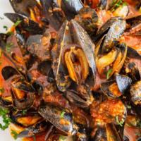 Mussels · With red sauce, garlic, hot peppers, Italian seasoning.