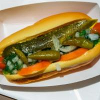 Chicago Dog · Neon relish, tomatoes, onions, pickle, sport peppers, yellow mustard, celery salt.