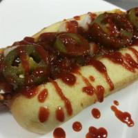 Walking Dead Dog · Chili, cheese sauce, atomic BBQ sauce, spicy red pepper relish, jalapenos, onions, sriracha.