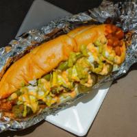 Atomic Terminator · Baked beans, kaboom sauce, onions, jalapenos, spicy red pepper relish, sport peppers, spicy ...