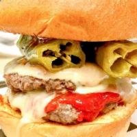 Diavlo Steak Burger · Includes long hots, Monterey Jack cheese and Sriracha. Special blend of chuck steak, sirloin...