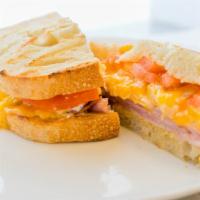 Ham & Cheddar Panini · Ham, cheddar cheese, tomato, red onion (temporarily out), bell pepper rings, dijon mustard, ...
