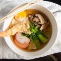 Nabeyaki Udon Soup · Mushroom, baby bok choy, fish cake, scallions, shrimp tempura.