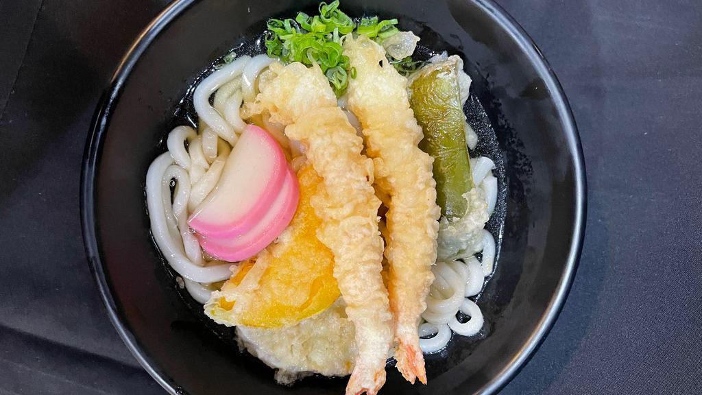 Shrimp Tempura Udon · Shrimp tempura, fish cake, squash, broccoli, and scallion in a fish based broth with udon noodles.