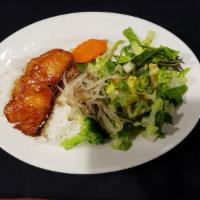 Salmon Teriyaki Entrée · Salmon dressed in teriyaki sauce and garnished with broccoli, bean sprout and carrot. Comes ...