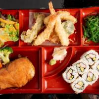 Salmon Teriyaki Box · Includes California roll, shrimp & veg tempura, seaweed salad, mixed greens and white rice.