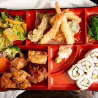  Chicken Teriyaki Box · Includes California roll, shrimp + veg tempura, seaweed salad, mixed greens and white rice.