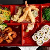 Spicy Shrimp Teriyaki Box · Includes California roll, shrimp & veg tempura, seaweed salad, mixed greens and white rice.