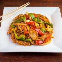 Spicy Pad Thai · Rice noodles cooked in spicy pad Thai sauce with egg, bell peppers, onions and basil. Very s...