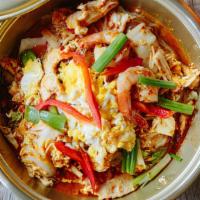 Sukiyaki · 🌶🌶Thai style suki stir-fried with chicken, shrimp, tofu, egg & glass noodles in a chili sa...