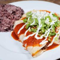 Enchiladas · Melted cheese in a corn tortilla with your choice of meat topped with guakillo enchilada sau...