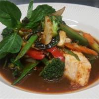 Basil Sautéed Lunch · Wok stir-fried with Thai basil leaves, chili, red or green peppers, onions, broccoli, snow p...