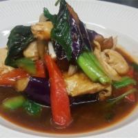 Eggplant Sautéed Lunch · Chinese eggplants stir-fried with onions, red or green peppers, garlic, Thai basil leaves, s...