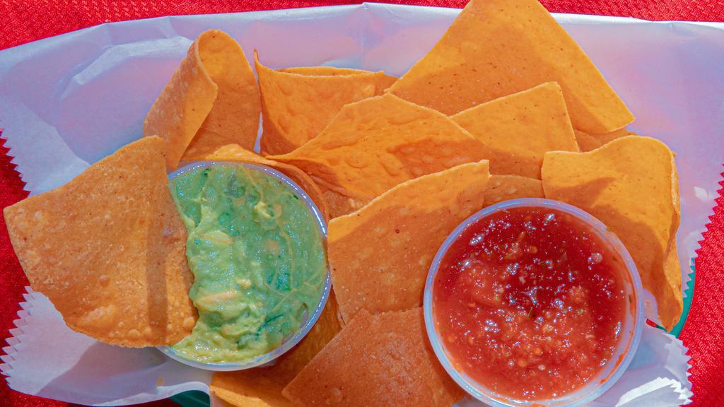 Chips And Guacamole · Fresh corn tortilla chips with salsa, and guacamole.