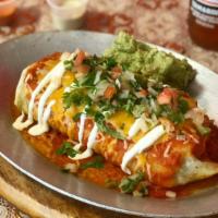 J & J Burrito Supreme · Flour tortilla stuffed with Rice, beans, lettuce and pico de gallo. Covered with Ranchero sa...