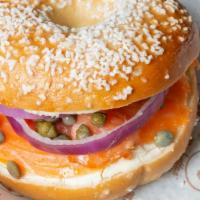 Nova Lox · Bagel with cream cheese, sliced red onion, and capers.