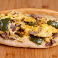 Breakfast Cheesesteak · Double Steak on Steak Roll, Double Scrambled Egg, Roasted Green Peppers, Grilled Onions and ...