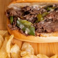 Manhattan Cheesesteak · Steak roll with American cheese, roasted green pepper, and grilled onion.