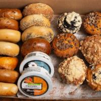 Broadway Breakfast Box · 13 bagels and 6 assorted sweets muffins, Danish, and crumb cake with two tubs of cream chees...