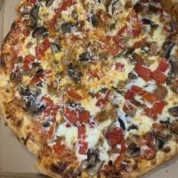 Mushroom Sausage Pizza · Mushrooms, sausage, roasted red peppers with mozzarella cheese, asiago cheese and marinara s...