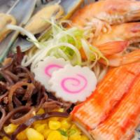 Seafood Ramen · Seafood based soup topped with mussels, shrimp, crab stick, black mushroom, corn, scallion, ...