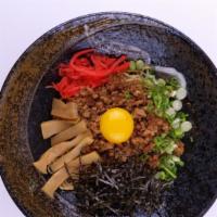 Mazemen · No broth ramen topped with mince meat, pickled ginger, scallion, sesame seed, egg yolk, shre...