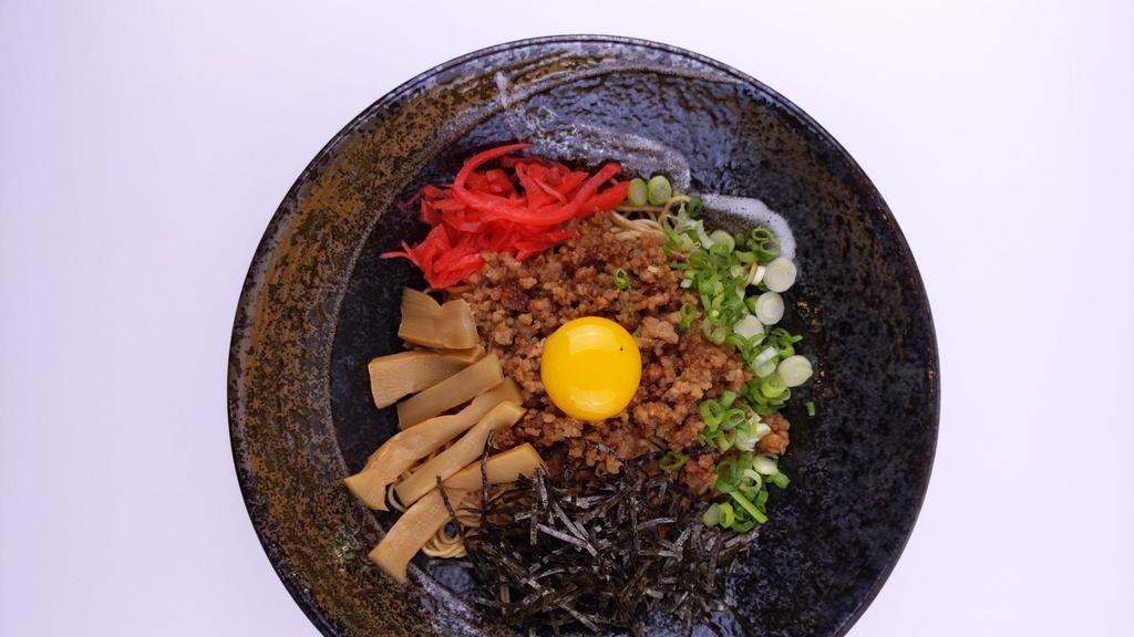 Mazemen · No broth ramen topped with mince meat, pickled ginger, scallion, sesame seed, egg yolk, shredded seaweed and bamboo shoot.