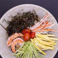 Hiyashi Chuka (Cold Noodles) · Chilled ramen, served with cucumber, tomato, shrimp, crab stick, egg and shredded seaweed.