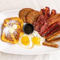 French Toast Platter · French Toast (2 Pieces) with 
Any style 2 Eggs with or without cheese, 
One choice of meat