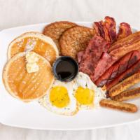 Pancake Platter · Pancakes (2 Pieces)
Any style 2 Eggs with or without cheese, 
One choice of meat