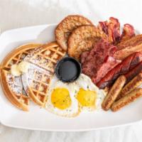 Waffle Platter · Waffle (1 Piece) with
Any style 2 Eggs with or without cheese, 
One choice of meat