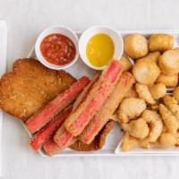 Fried Seafood Combo · 3 Scallops, 3 Crab Sticks, 1 Flounder, Shrimp Basket, French Fries.