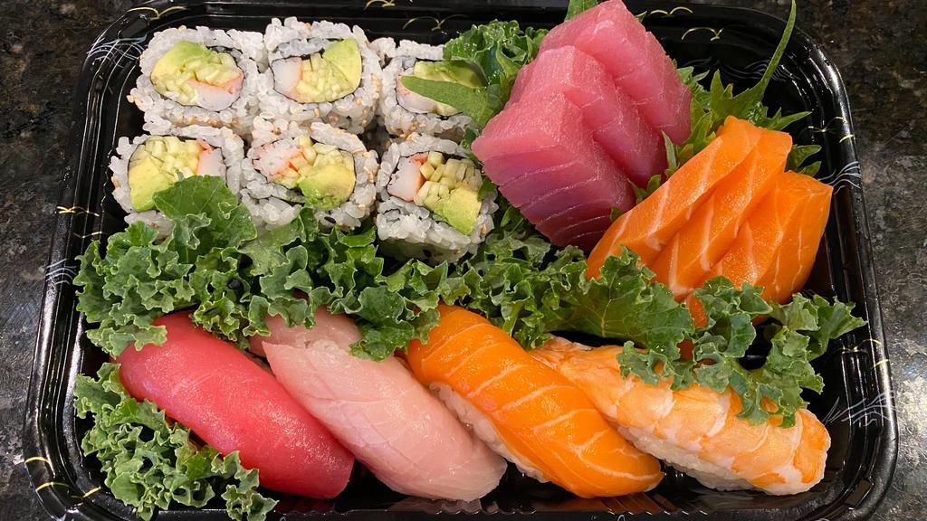 Sushi And Sashimi Lunch · Four pieces of sushi, six pieces of sashimi and california roll. Served with choice of side.