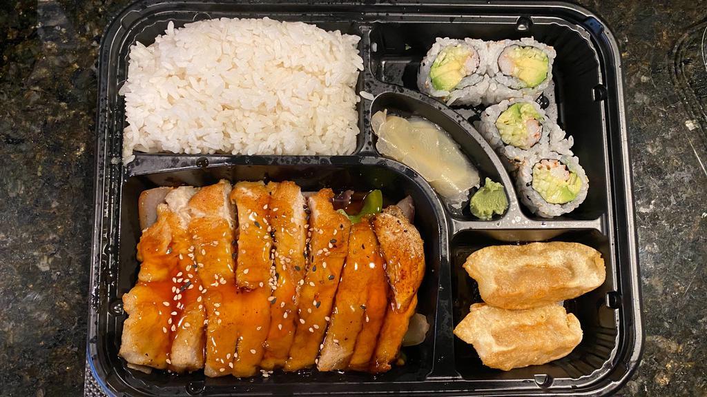 Chicken Teriyaki Bento Box Combo Lunch · Served with gyoza, salad, four piece california roll and rice.