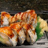 Shrimp Tempura Roll · Crispy Shrimp, Cucumber and Avocado topped with Tobiko.
Non-raw sushi.