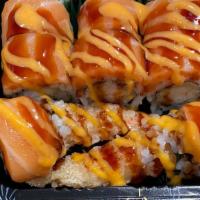 Banzai Roll · Shrimp tempura, topped with salmon sashimi, spicy mayo and eel sauce.