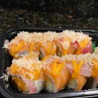 Out Of Control Roll · Spicy tuna and cucumber topped with tuna, salmon, yellowtail, spicy mayo and crunch.