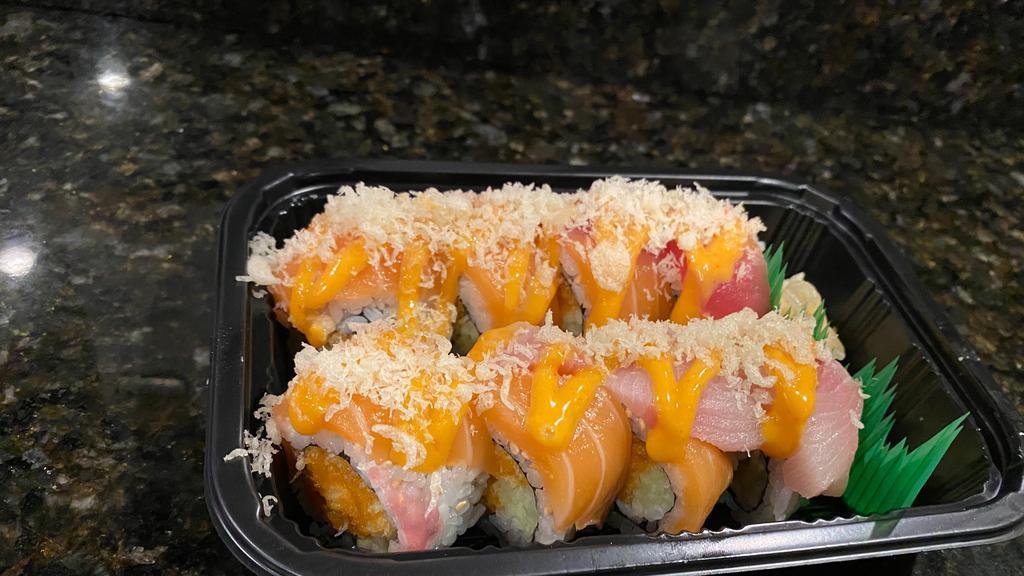 Out Of Control Roll · Spicy tuna and cucumber topped with tuna, salmon, yellowtail, spicy mayo and crunch.