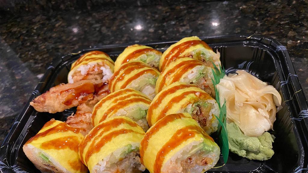 Patriots Roll · Soft-shell crab, shrimp tempura, spicy lobster meat, tobiko avocado and cucumber wrapped in soybean nori.