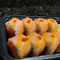 Spicy Girl Roll · Spicy crunch tuna, spicy salmon, mango, cucumber, avocado, masago, wrapped with soybean pape...
