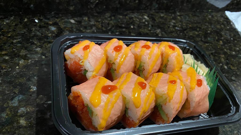 Spicy Girl Roll · Spicy crunch tuna, spicy salmon, mango, cucumber, avocado, masago, wrapped with soybean paper. ( spicy mayo and sriracha)