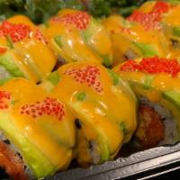 Red Sox Roll · Spicy tuna and seaweed salad, topped with avocado and spicy salmon sauce.